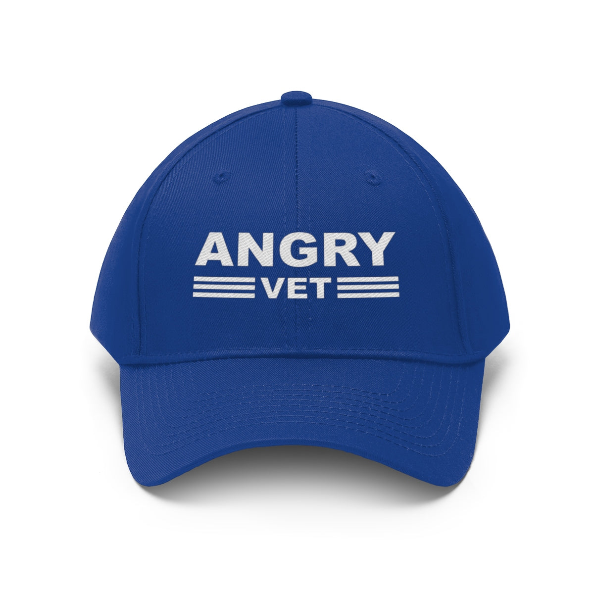 Angry Vet Twill Cap Veteran Pride Graphic Hat in blue with bold white lettering.