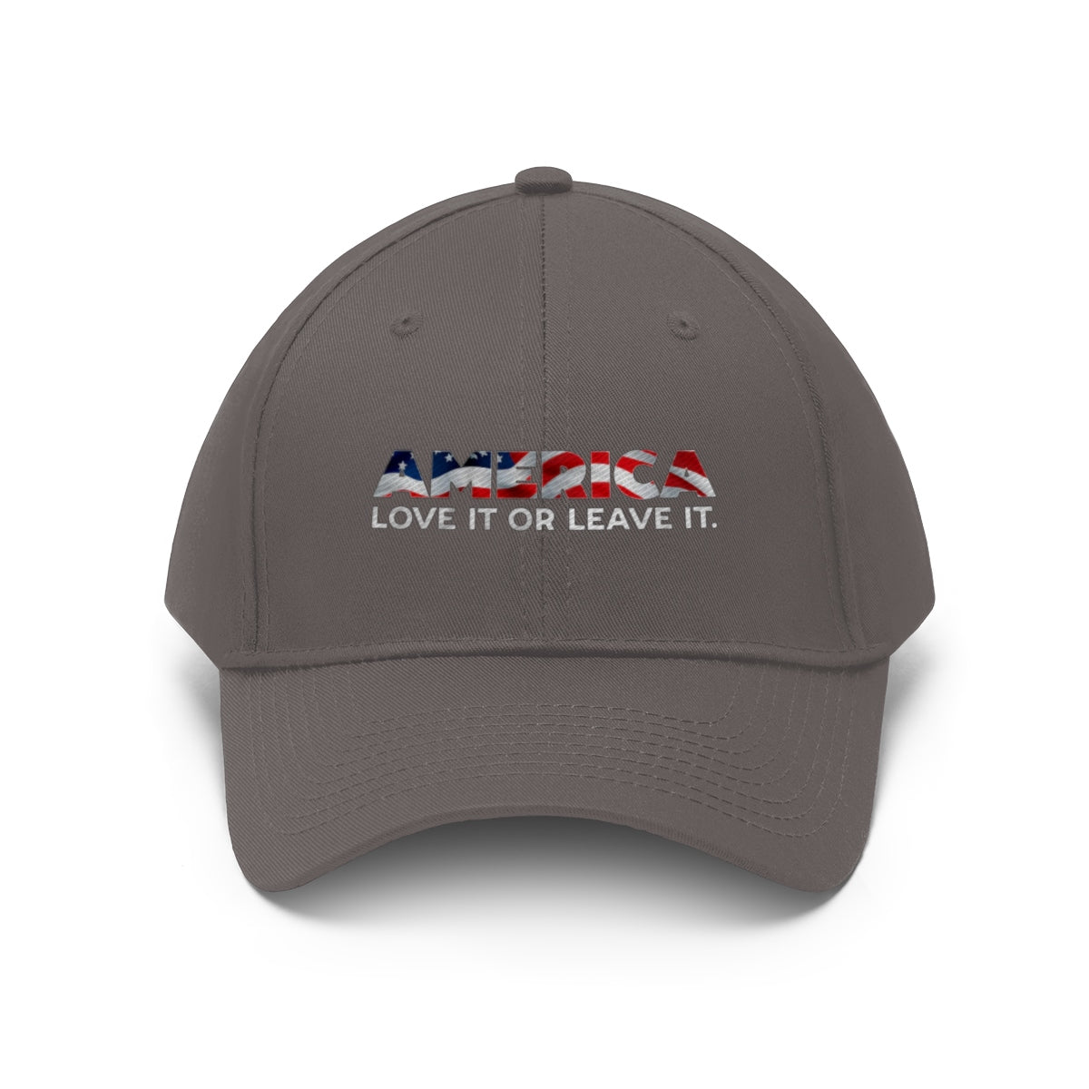 America Love It Or Leave It Twill Baseball Cap with patriotic design showcasing American flag colors.