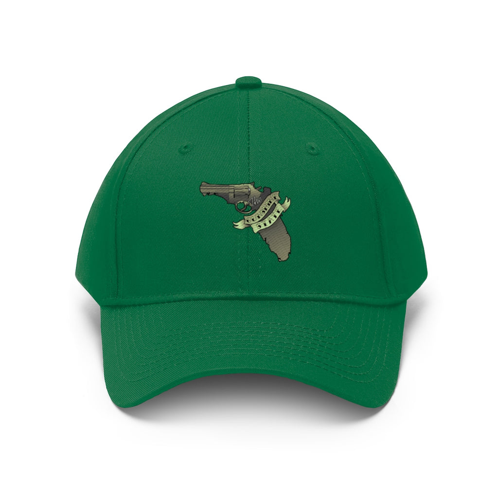 Florida The Gunshine State Twill Cap in green with a gun and Florida outline design.