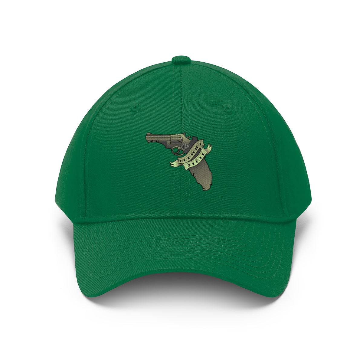 Florida The Gunshine State Twill Cap in green with a gun and Florida outline design.