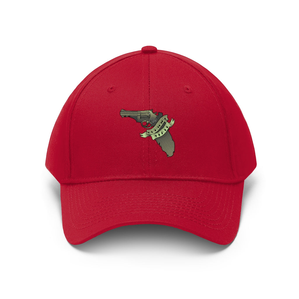 Florida The Gunshine State Twill Cap in red with gun graphic, symbolizing Second Amendment pride.