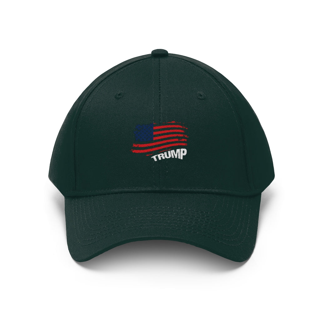 American Flag Twill Cap Trump Bold Supporter Cap featuring embroidered flag design and Trump text on a dark green cap.