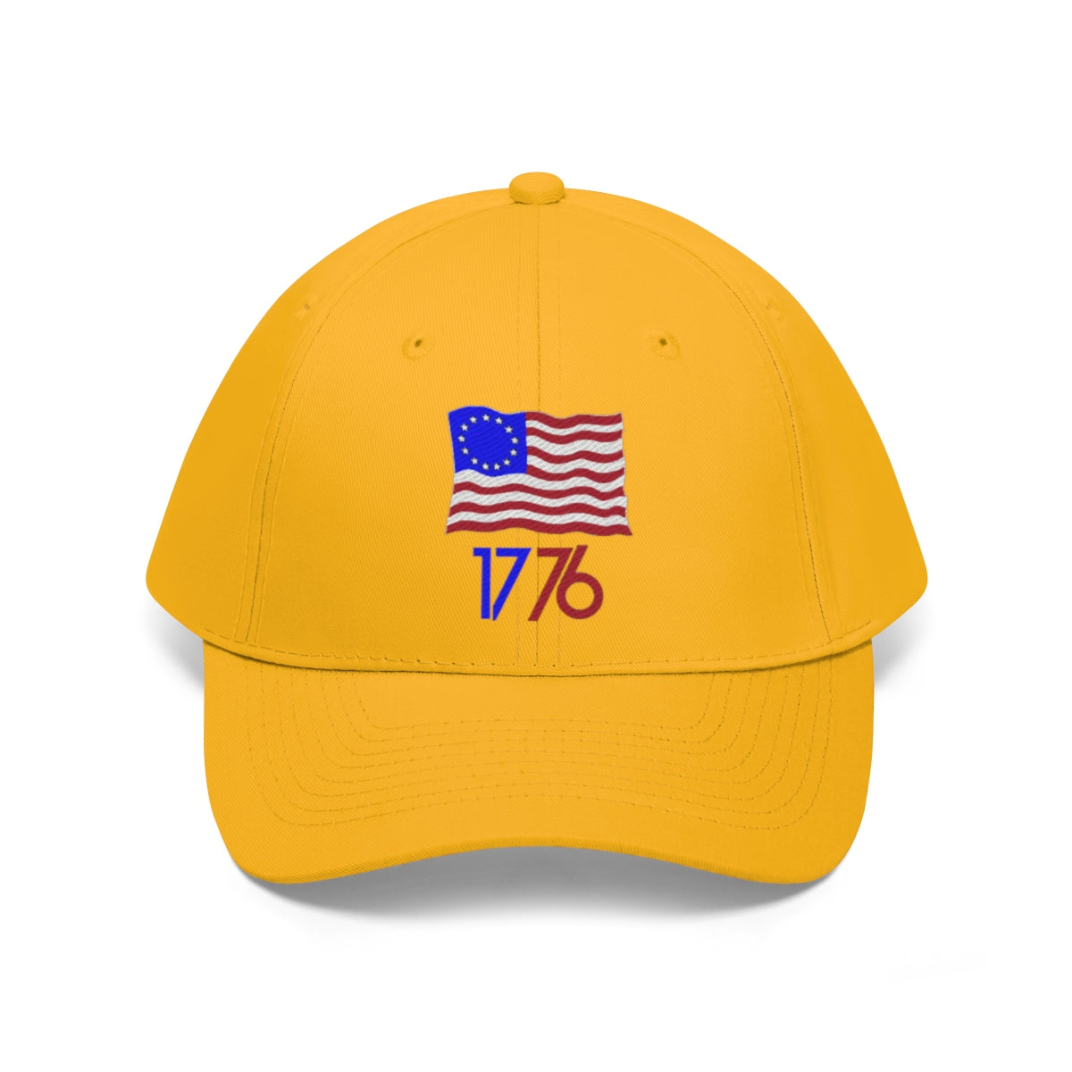 Betsy Ross Flag 1776 Twill Cap in yellow with patriotic design featuring the historical flag and year