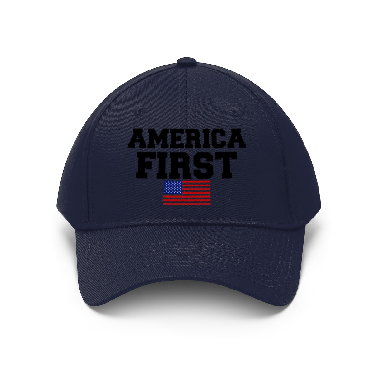America First Patriotic Twill Cap featuring bold text and American flag design on navy background.