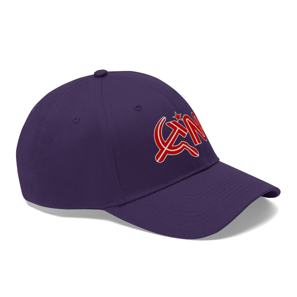 CNN Logo as Hammer and Sickle Twill Cap in purple, a bold political statement hat for media skeptics.