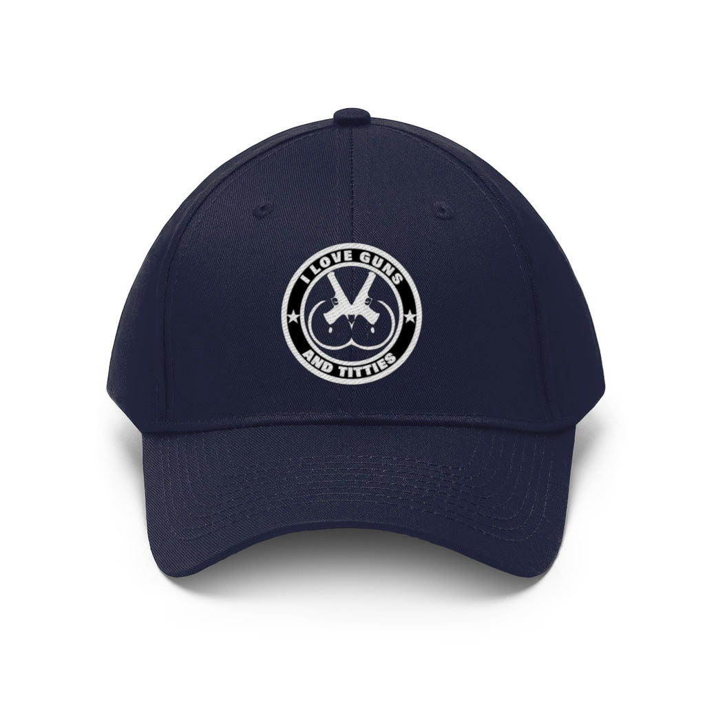 I Love Guns And Titties Twill Cap navy hat with a bold graphic logo.