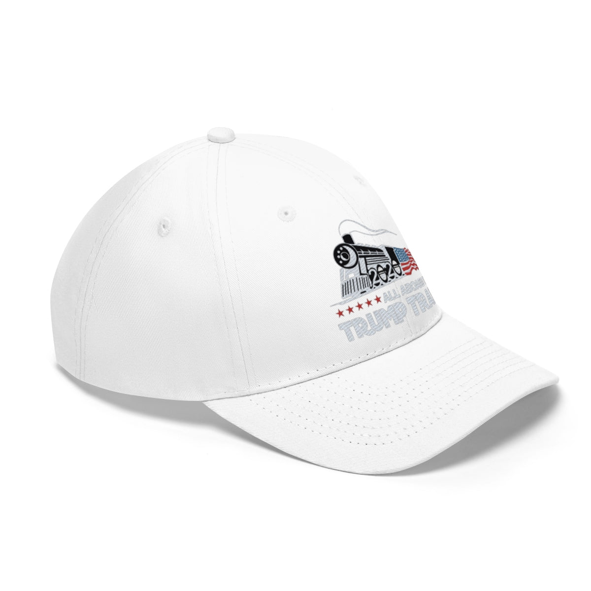 All Aboard The Trump Train 2020 Twill Cap featuring iconic design and bold slogan.