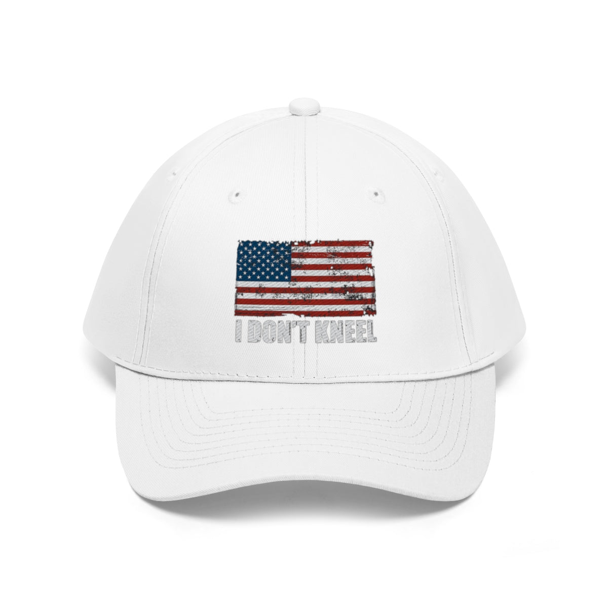 I Don't Kneel American Flag Twill Cap featuring a distressed American flag design on a white cap.