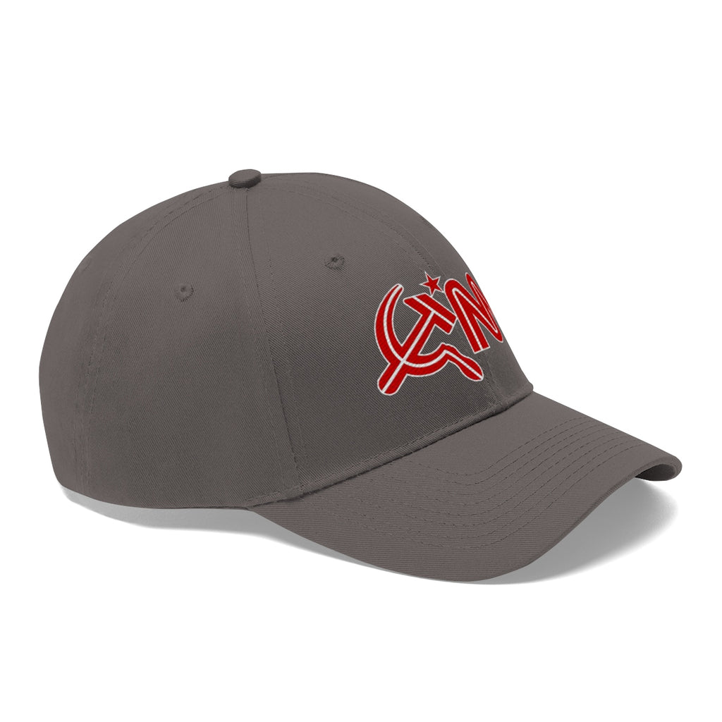 CNN With Hammer And Sickle Twill Cap showcasing a gray cap with bold red logo, perfect for political satire expression.