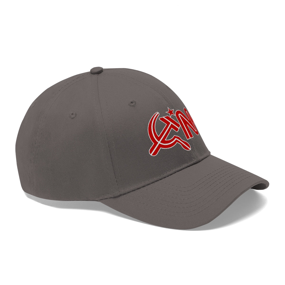 CNN With Hammer And Sickle Twill Cap showcasing a gray cap with bold red logo, perfect for political satire expression.