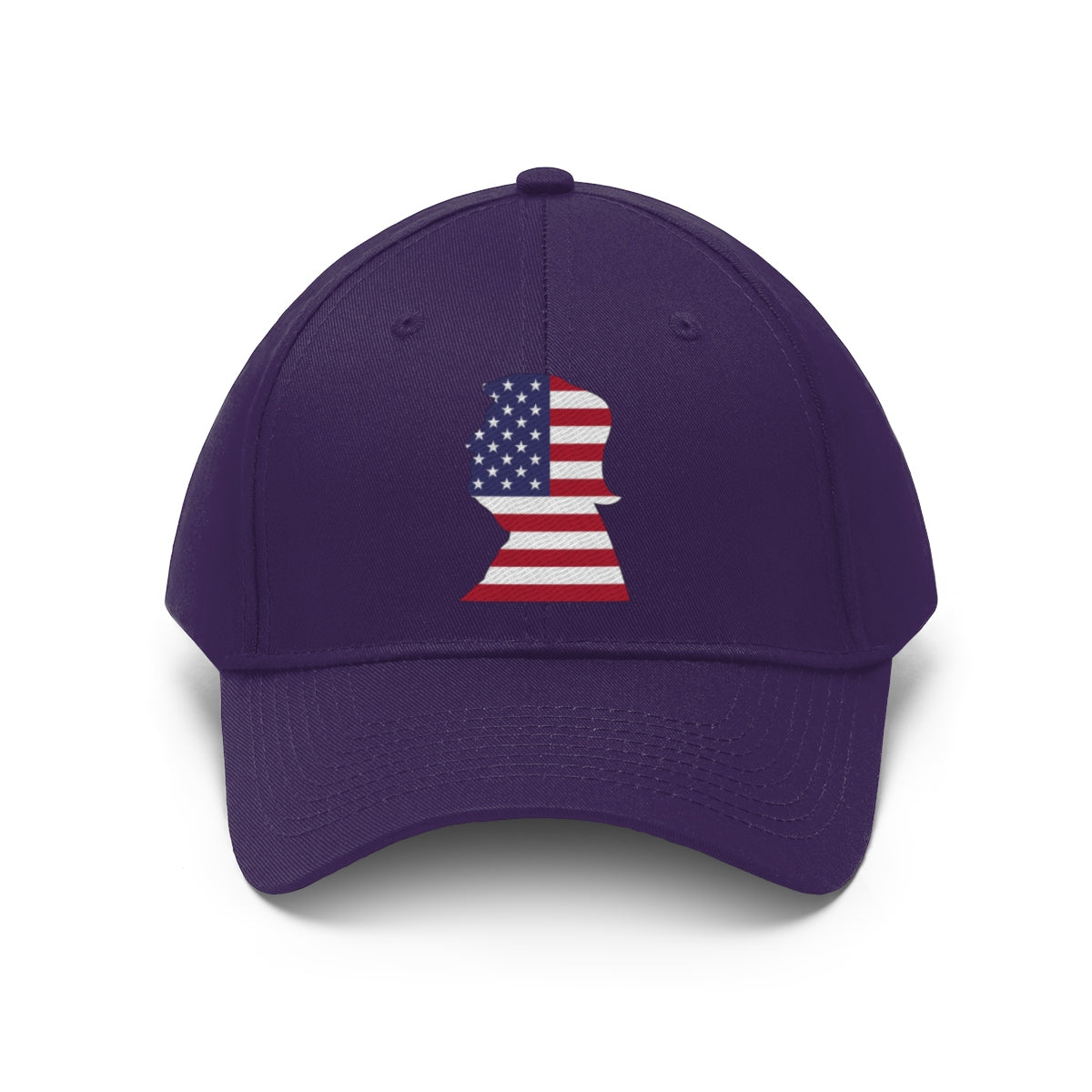Trump American Flag SilhouetteTwill Cap displayed on a purple hat with a patriotic flag design.