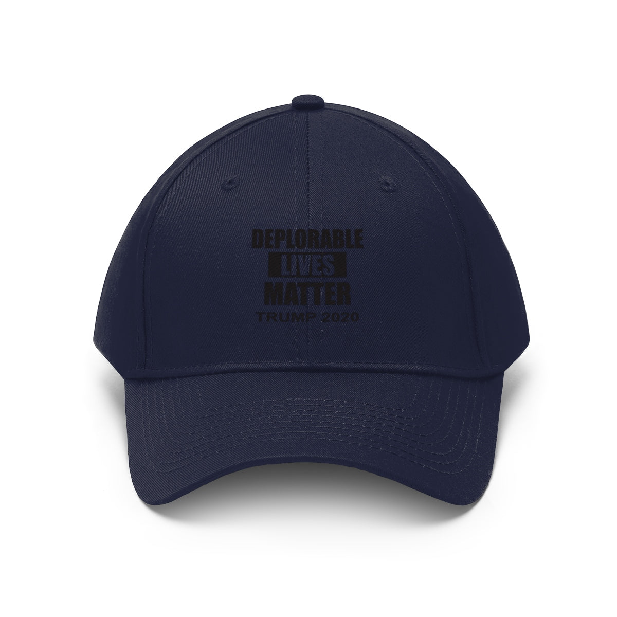 Deplorable Lives Matter Trump 2020 Twill Cap navy blue hat showcasing political statement.