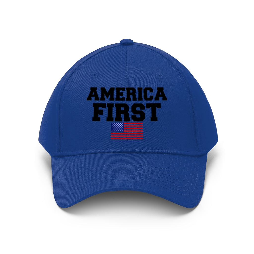 America First Patriotic Twill Cap in blue featuring bold text and an American flag design.