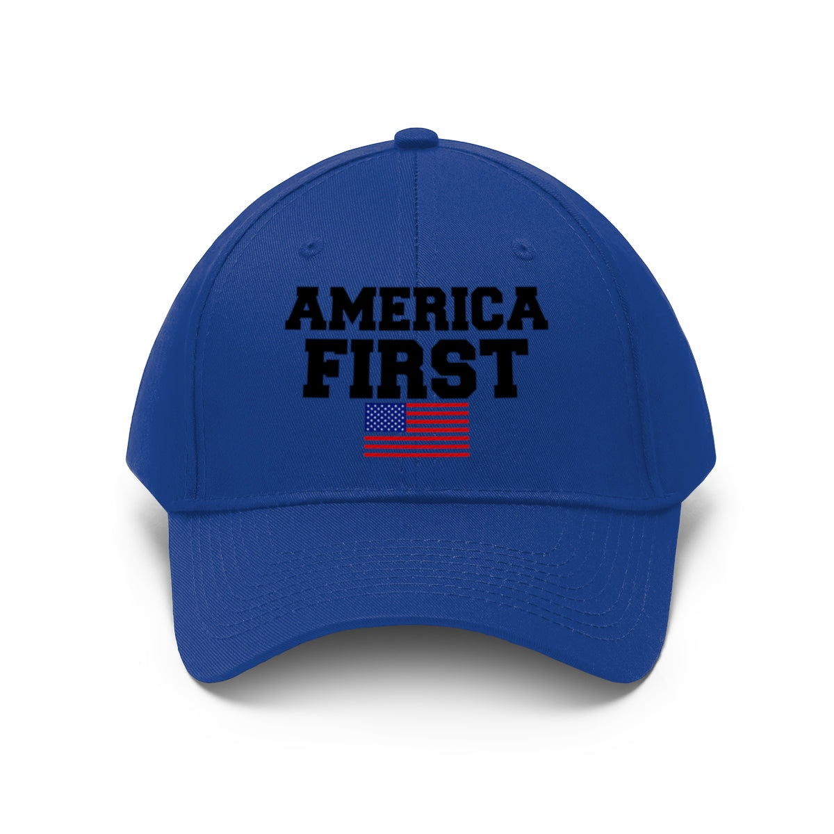 America First Patriotic Twill Cap in blue featuring bold text and an American flag design.