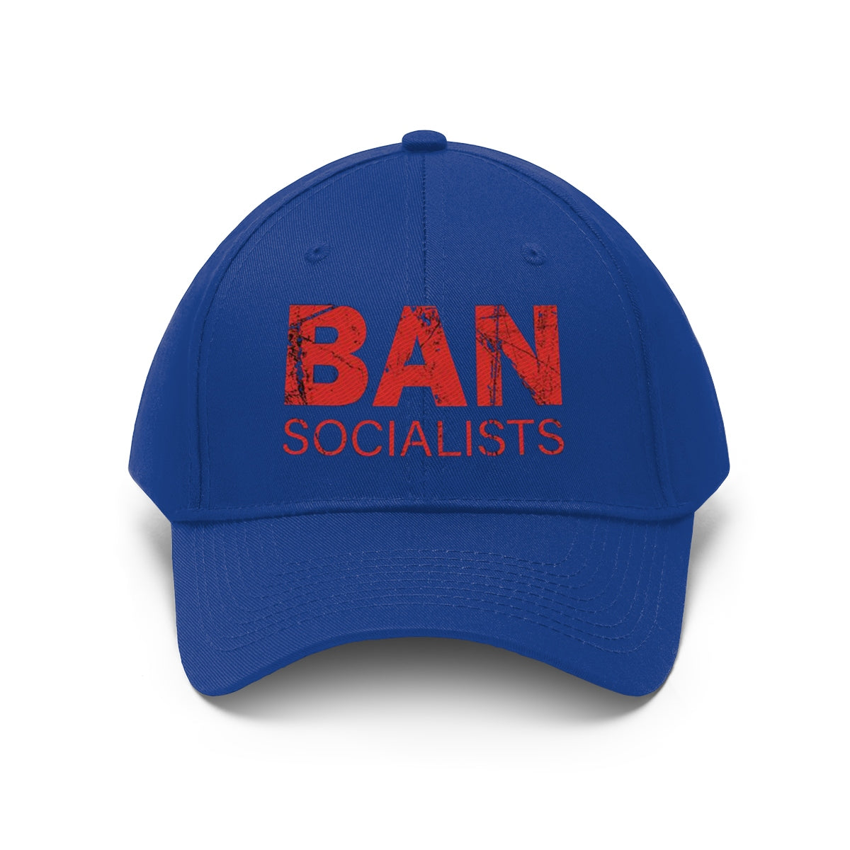 Ban Socialists Twill Cap Bold Message Graphic Cap in blue with bold red text.