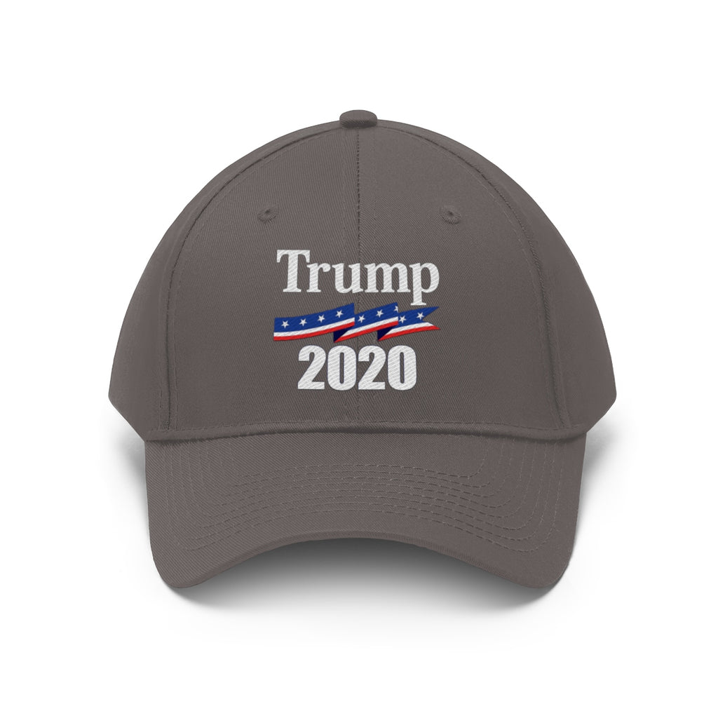 Patriotic 2020 Twill Cap for Trump featuring a gray design with Trump 2020 logo and patriotic colors.