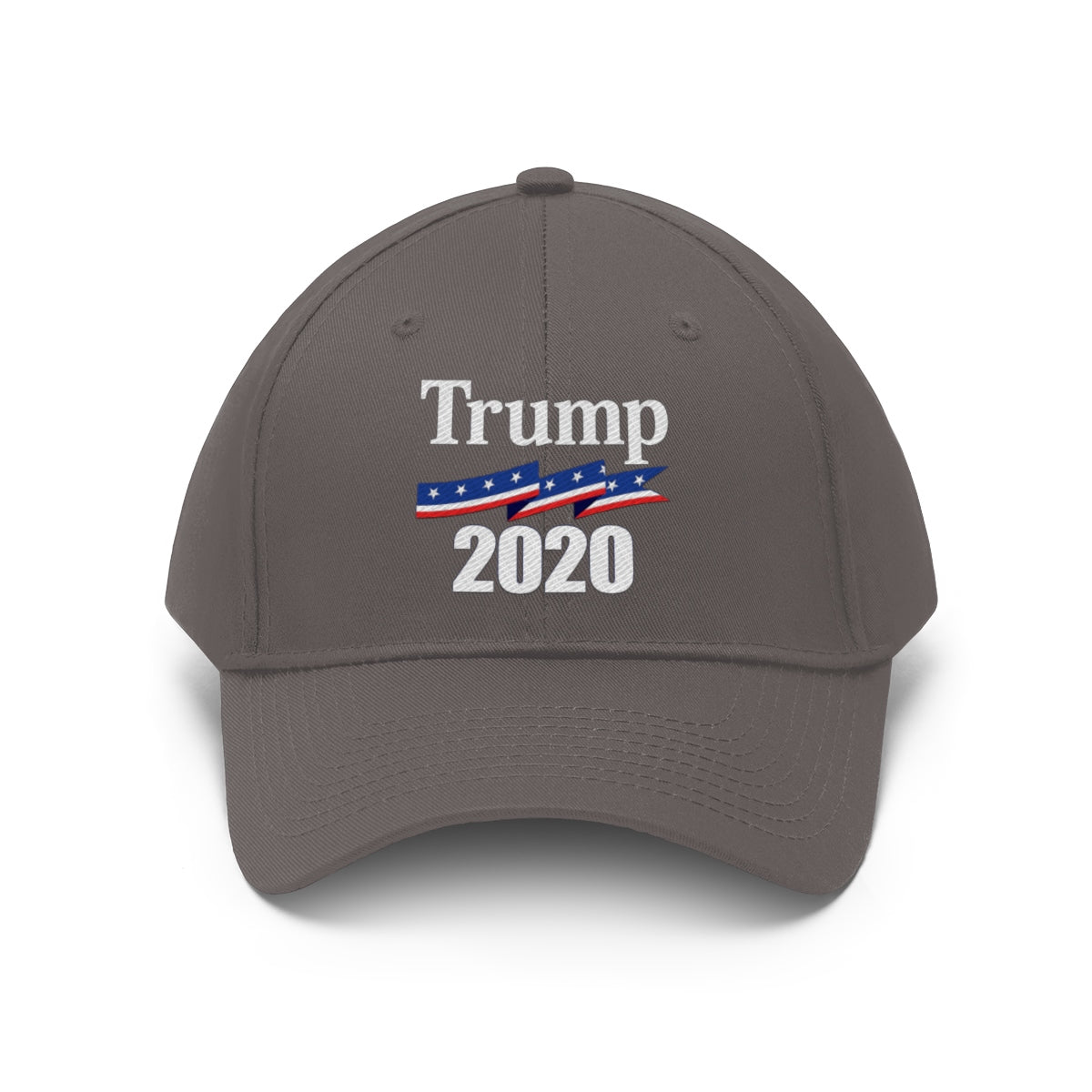 Patriotic 2020 Twill Cap for Trump featuring a gray design with Trump 2020 logo and patriotic colors.