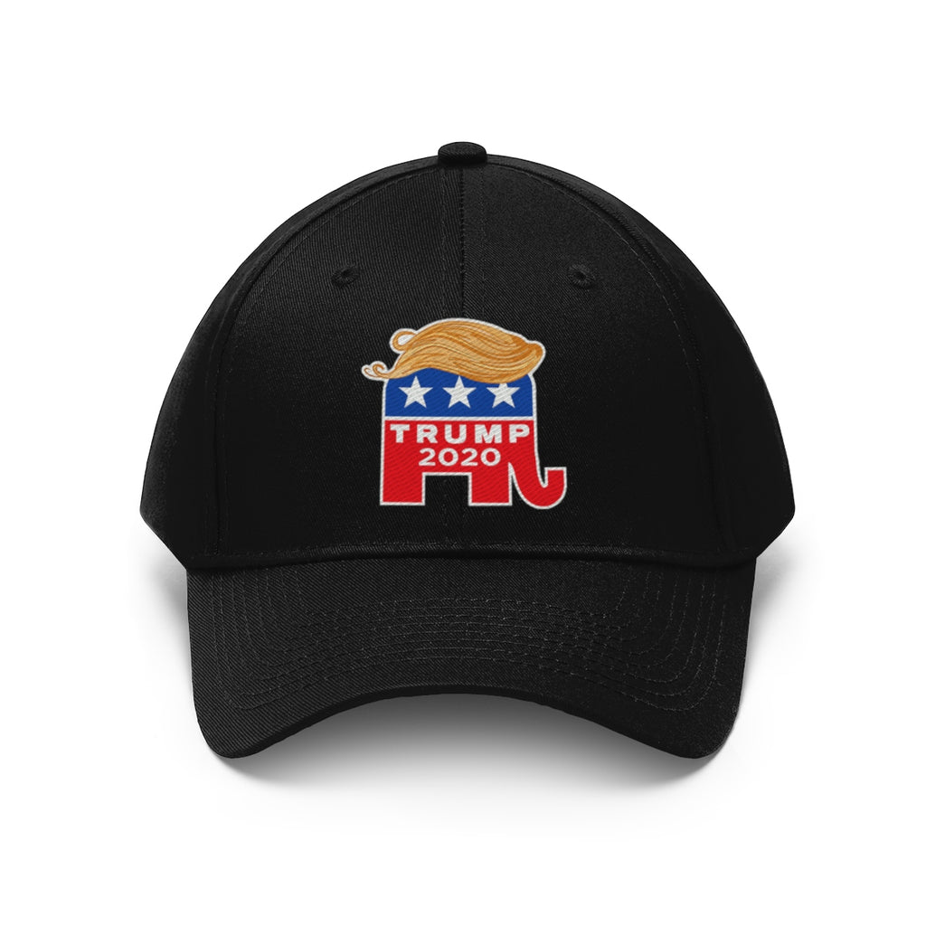 Hair 2020 Twill Baseball Cap Featuring Trump, black cap with Trump logo and red elephant design.