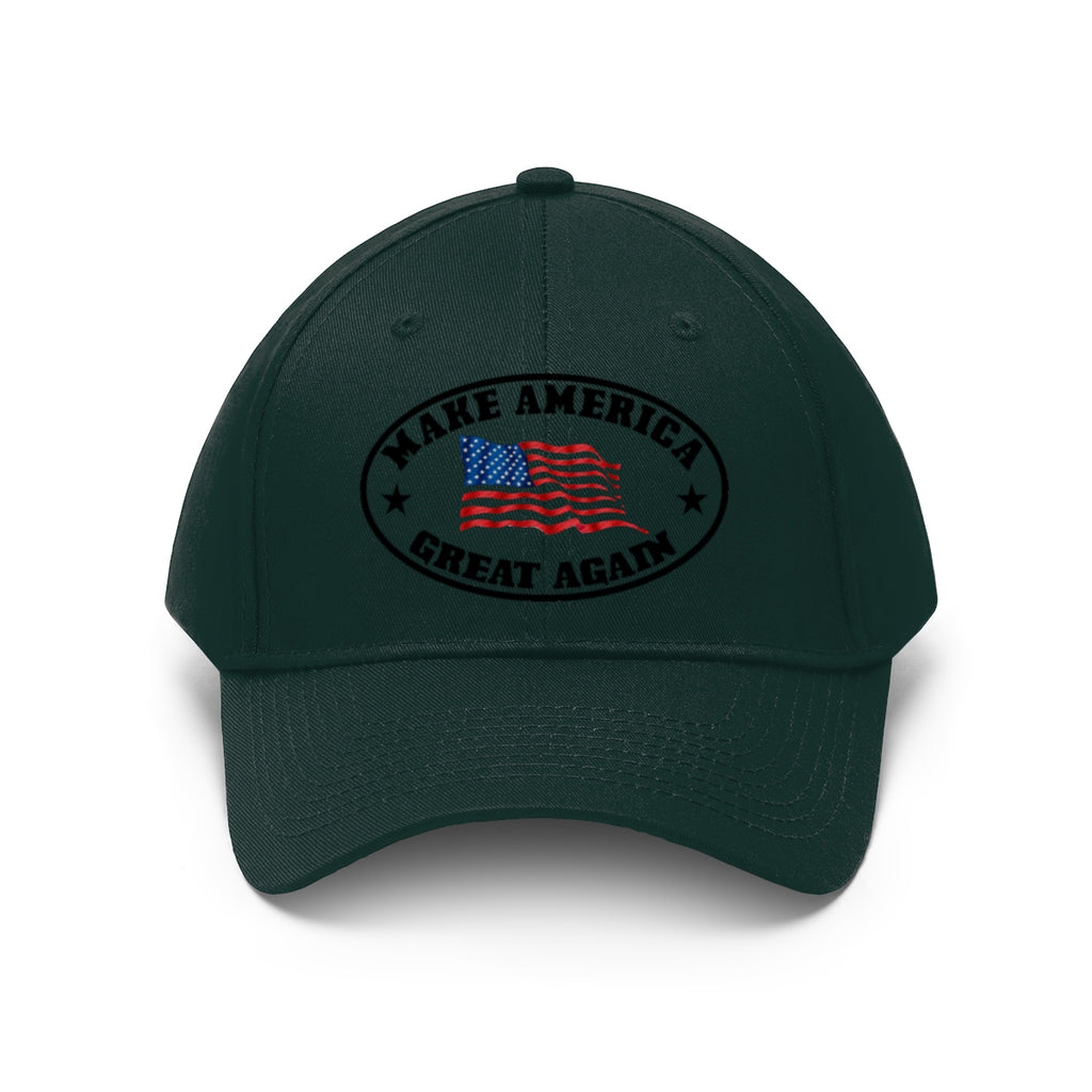 Make America Great Again US Flag Twill Cap showcasing an American flag design on a dark green cap.