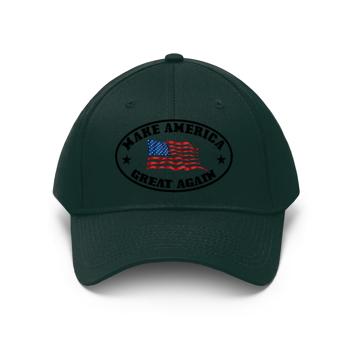 Make America Great Again US Flag Twill Cap showcasing an American flag design on a dark green cap.