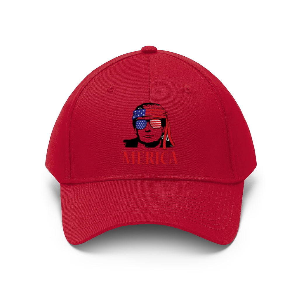 Classic Merica Baseball Cap with Trump Design featuring a bold red color and unique graphic.