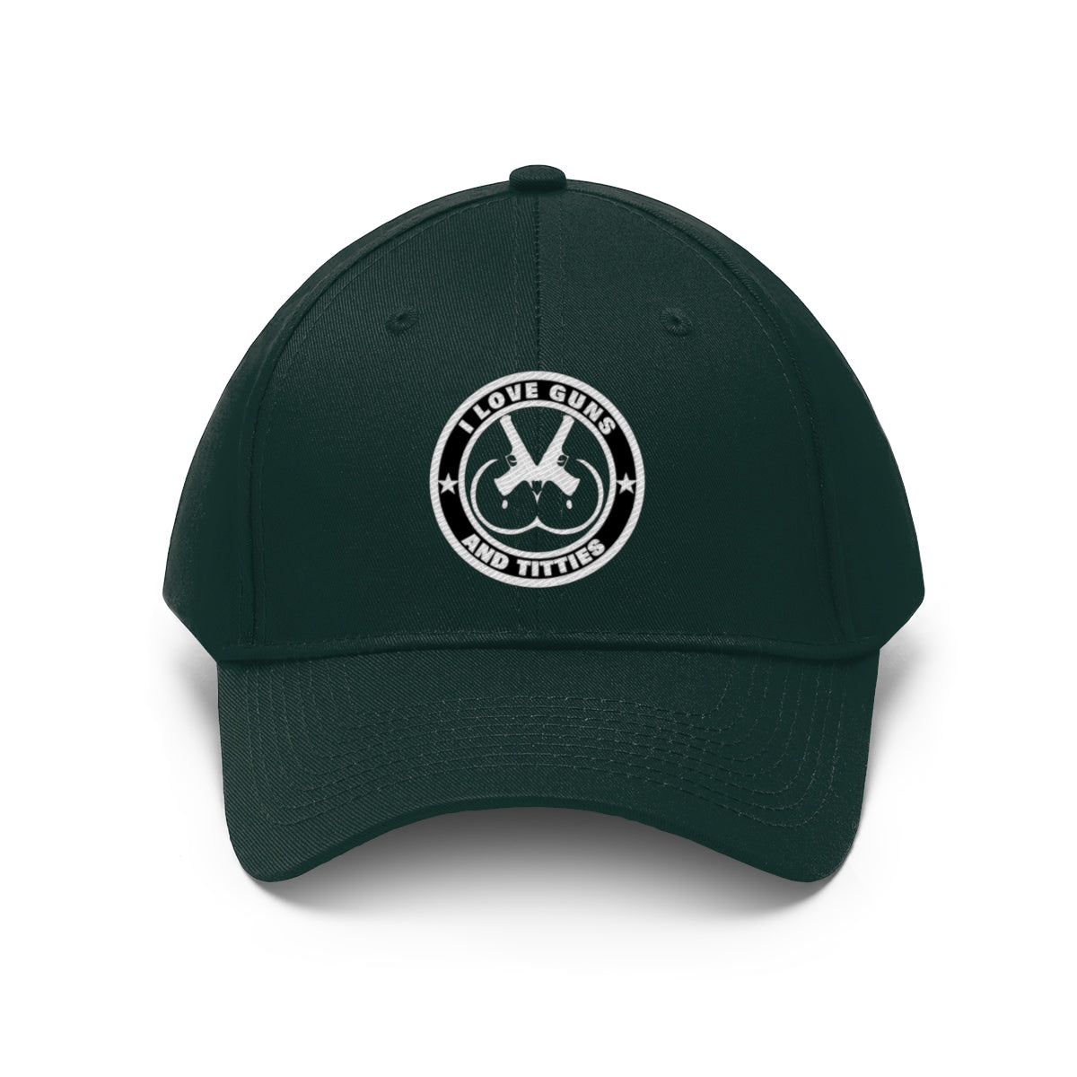 I Love Guns And Titties Twill Cap featuring a bold graphic design on a stylish cap.