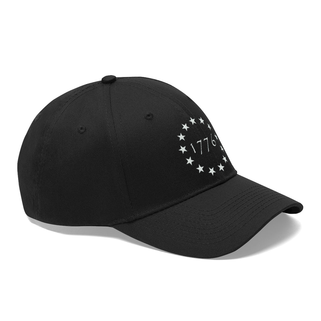 Vintage Betsy Ross Stars Cotton Twill Cap showcasing a black design with stars and '1776' emblem.