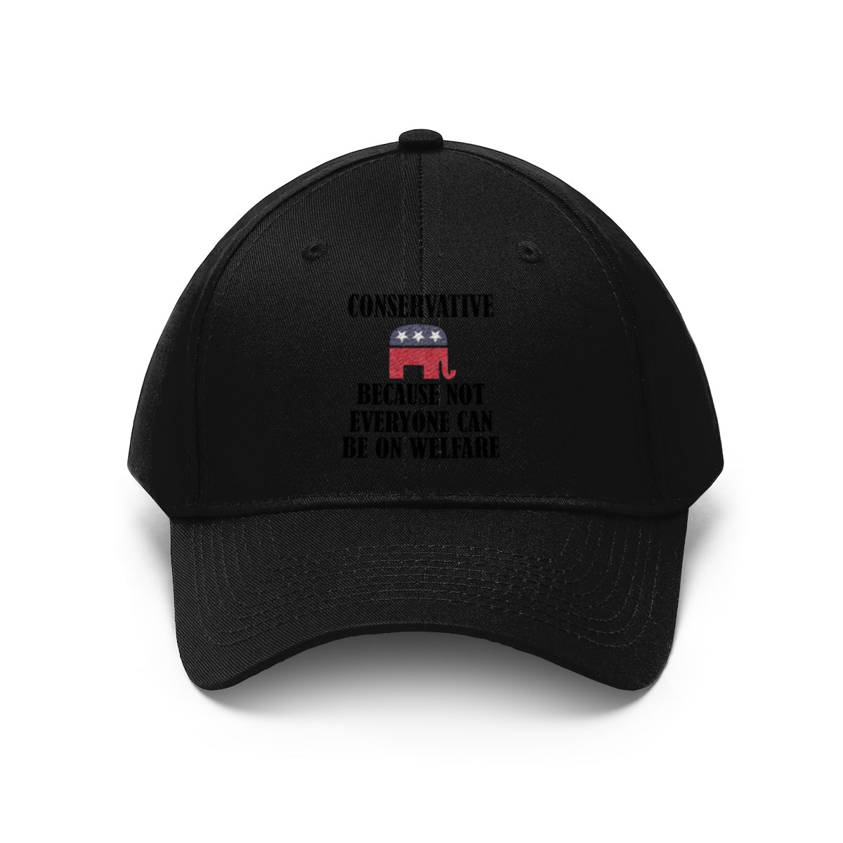 Black Conservative Values Twill Cap Design featuring text on welfare with a Republican elephant logo.