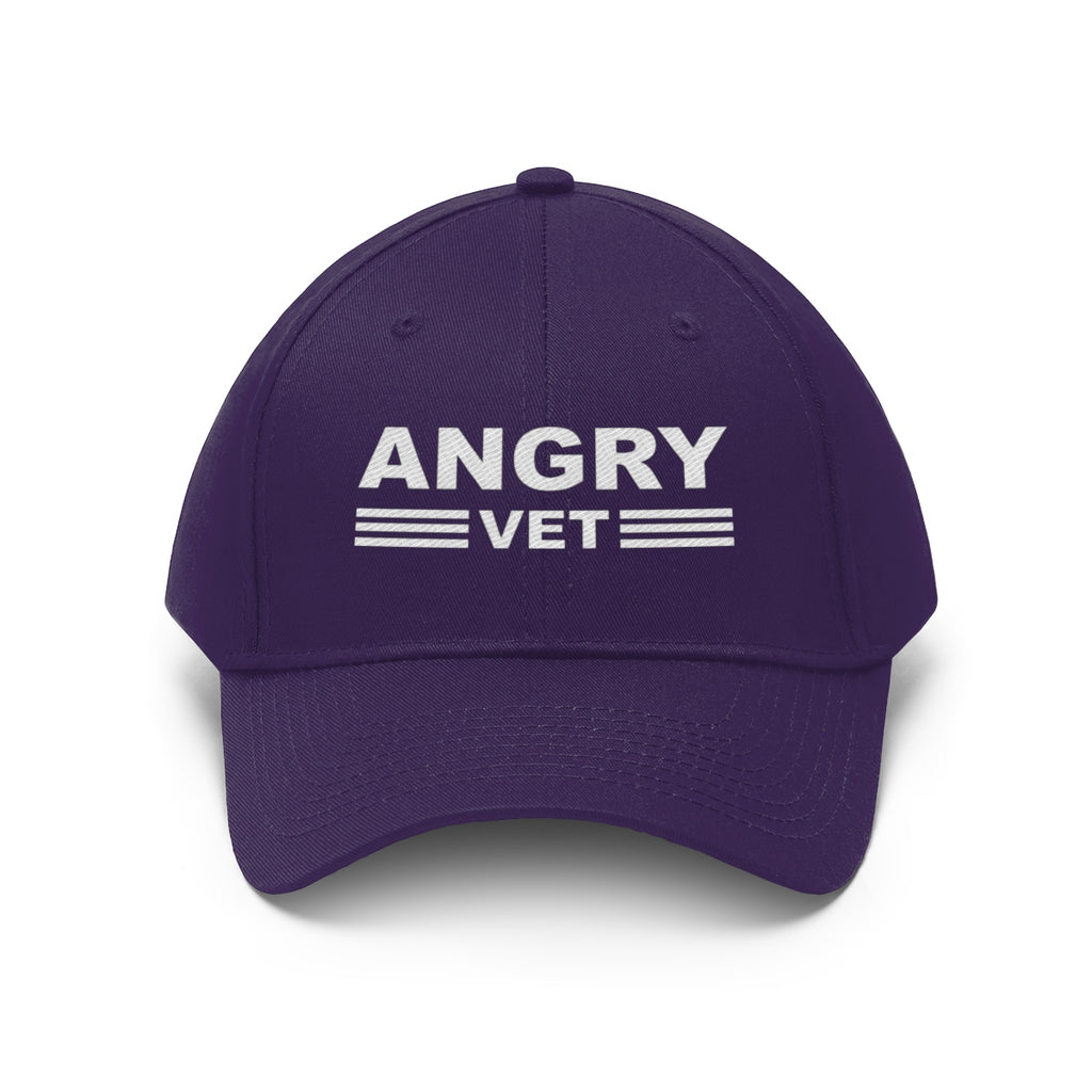 Angry Vet Twill Cap Veteran Pride Graphic Hat in purple with bold 'ANGRY VET' text on the front.