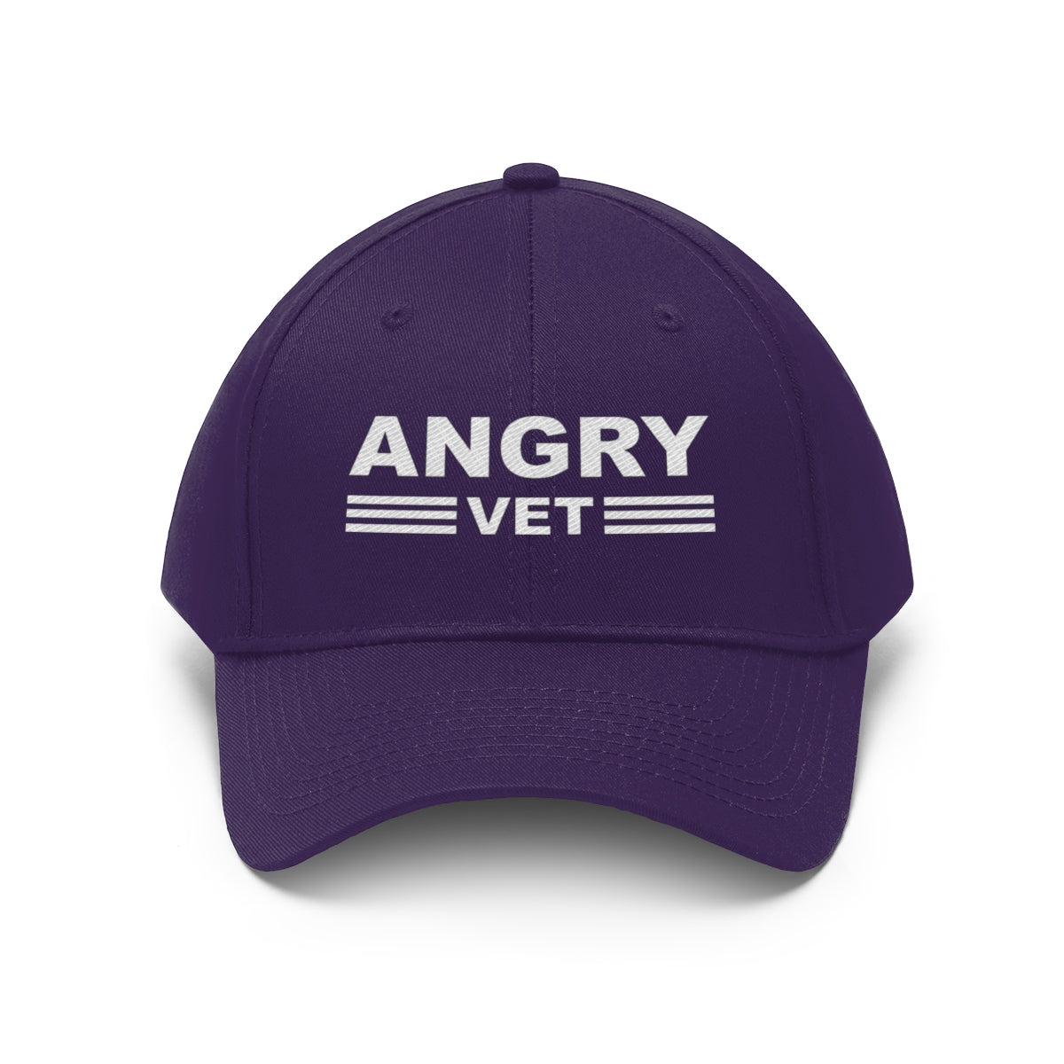 Angry Vet Twill Cap Veteran Pride Graphic Hat in purple with bold 'ANGRY VET' text on the front.