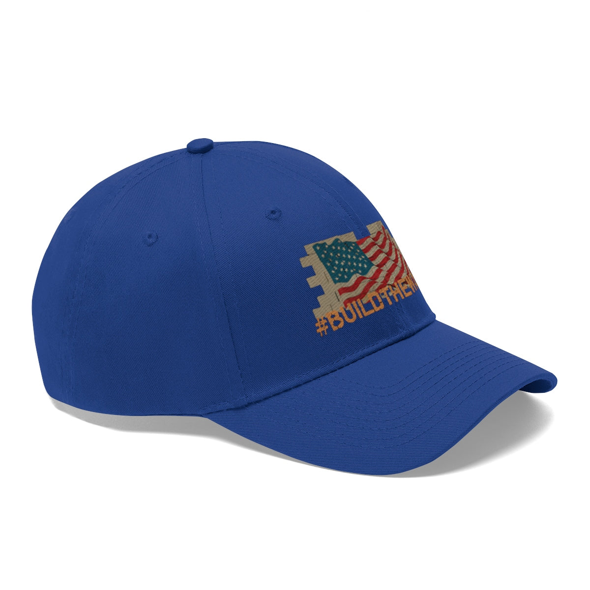 Build The Wall On American Flag Twill Cap featuring American flag design on blue cap.
