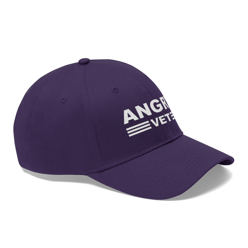 Angry Vet Twill Cap Veteran Pride Graphic Hat in purple, showcasing bold text design for veterans and supporters.