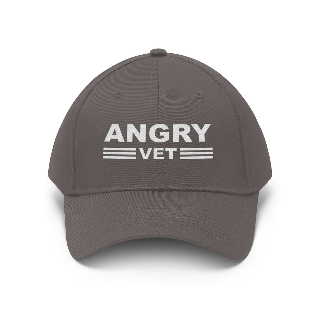 Angry Vet Twill Cap Veteran Pride Graphic Hat in gray with bold text design for veterans and supporters.