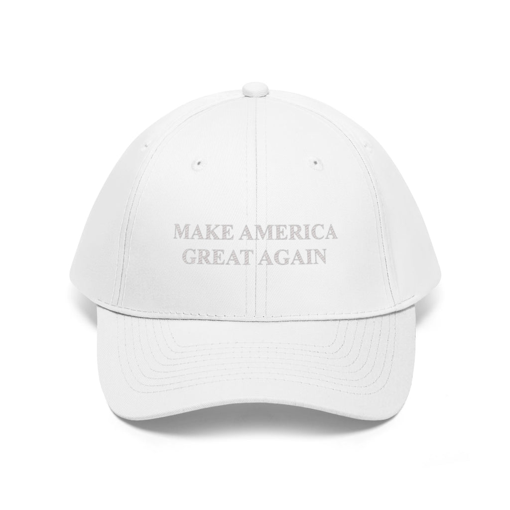 Make America Great Again Twill Cap in white, featuring the iconic slogan prominently displayed.