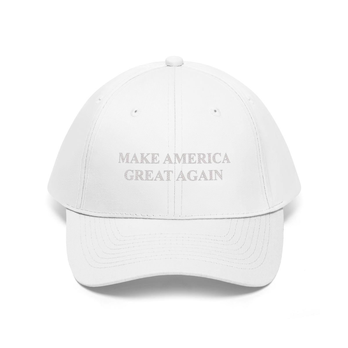 Make America Great Again Twill Cap in white, featuring the iconic slogan prominently displayed.