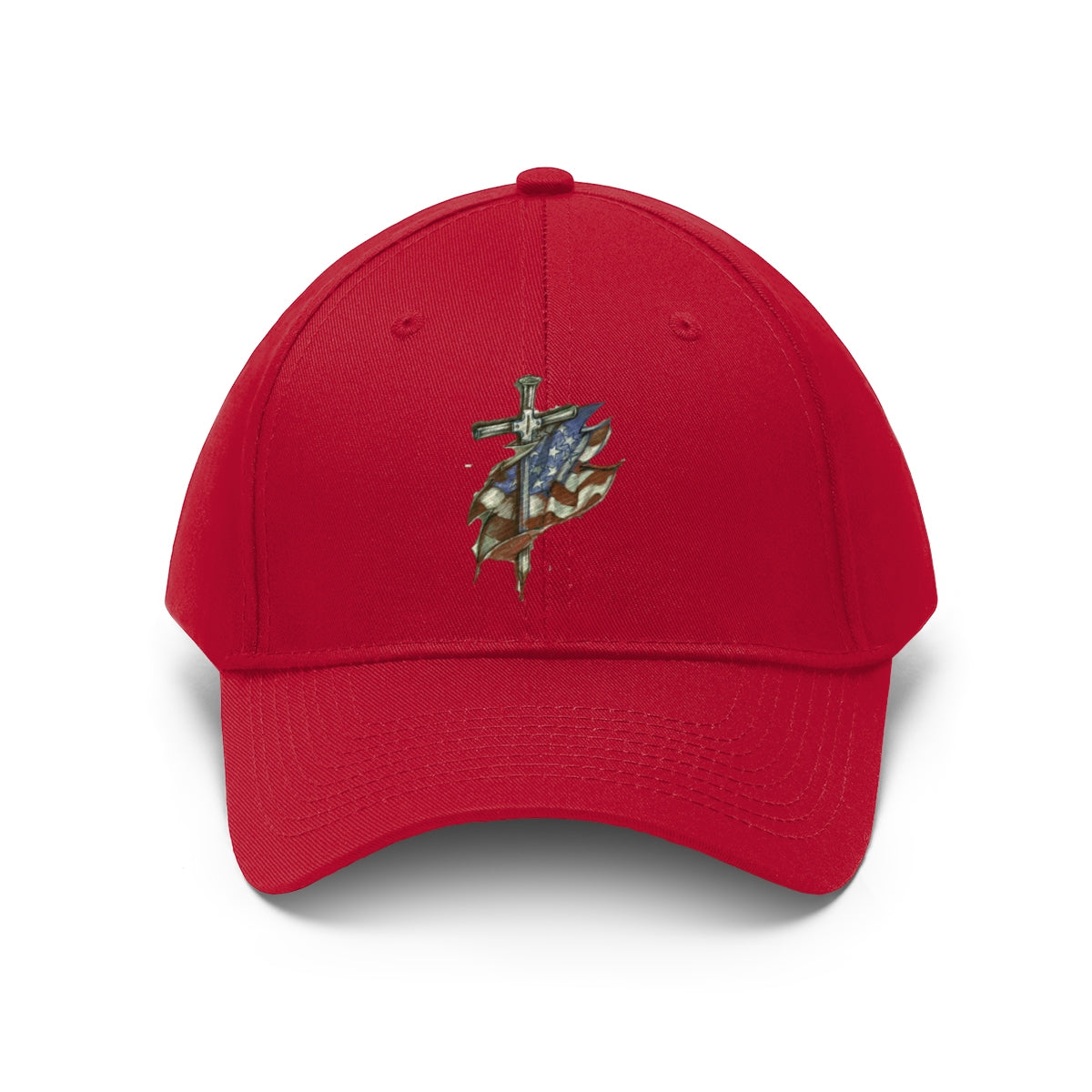 Dagger and Sword Embroidered Twill Cap with a red base and intricate emblem design on the front.