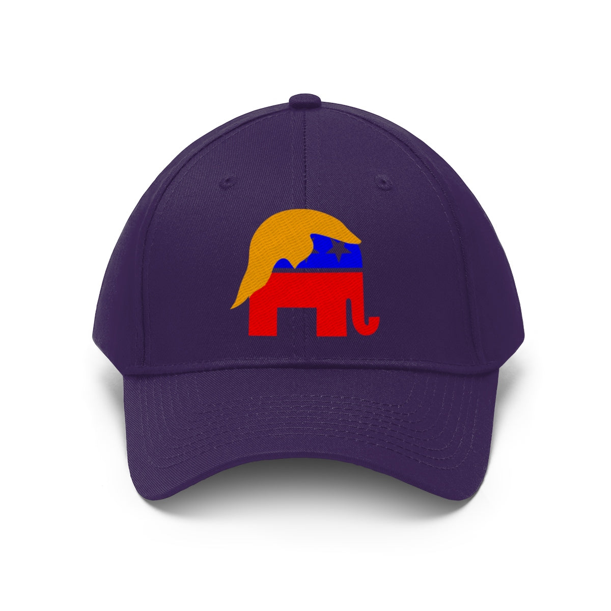 GOP Symbol With Trump Hair Twill Cap featuring a colorful elephant design, perfect for political enthusiasts.