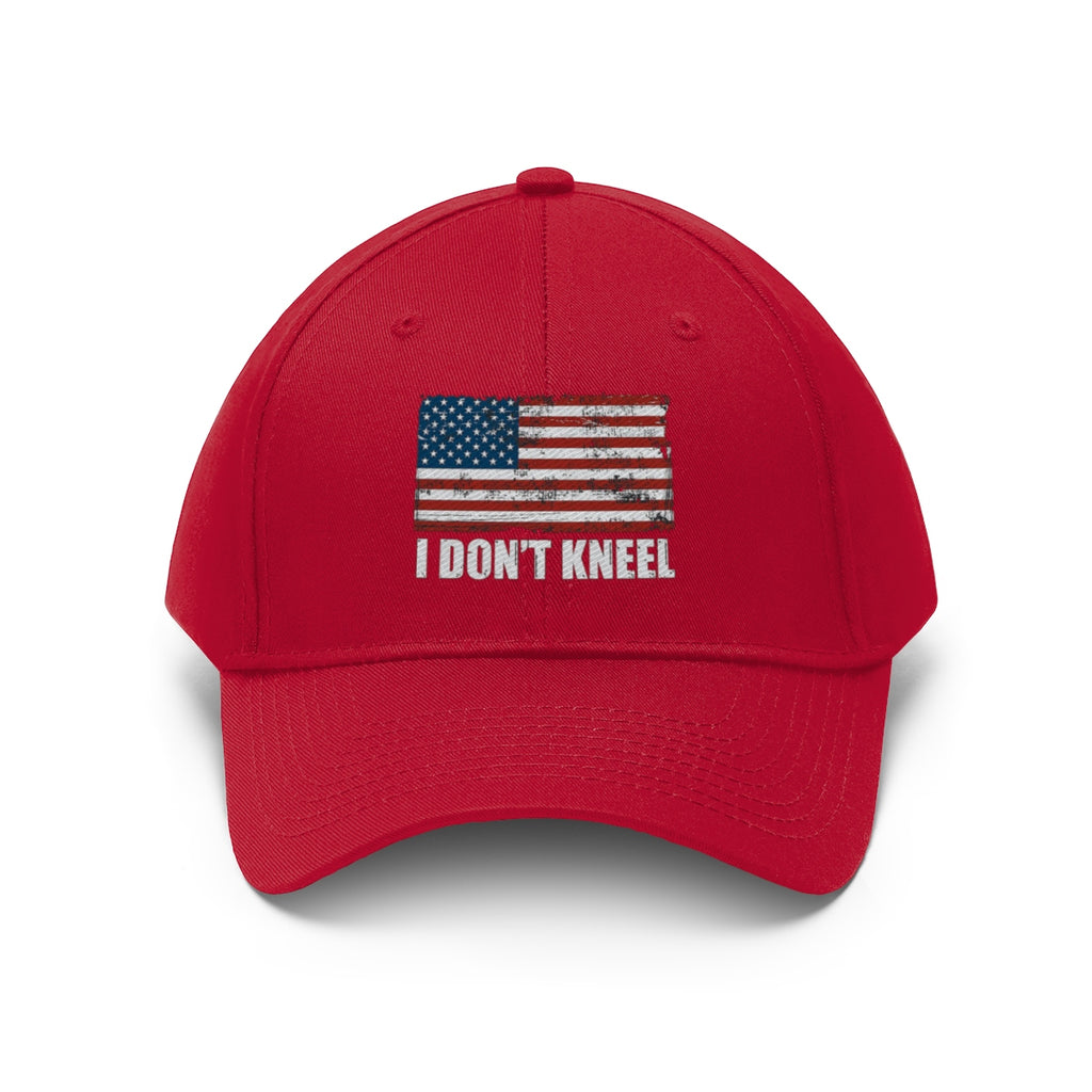 I Don't Kneel American Flag Twill Cap featuring a prominent American flag design on a red cap.