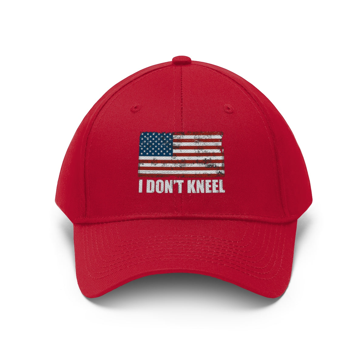 I Don't Kneel American Flag Twill Cap featuring a prominent American flag design on a red cap.