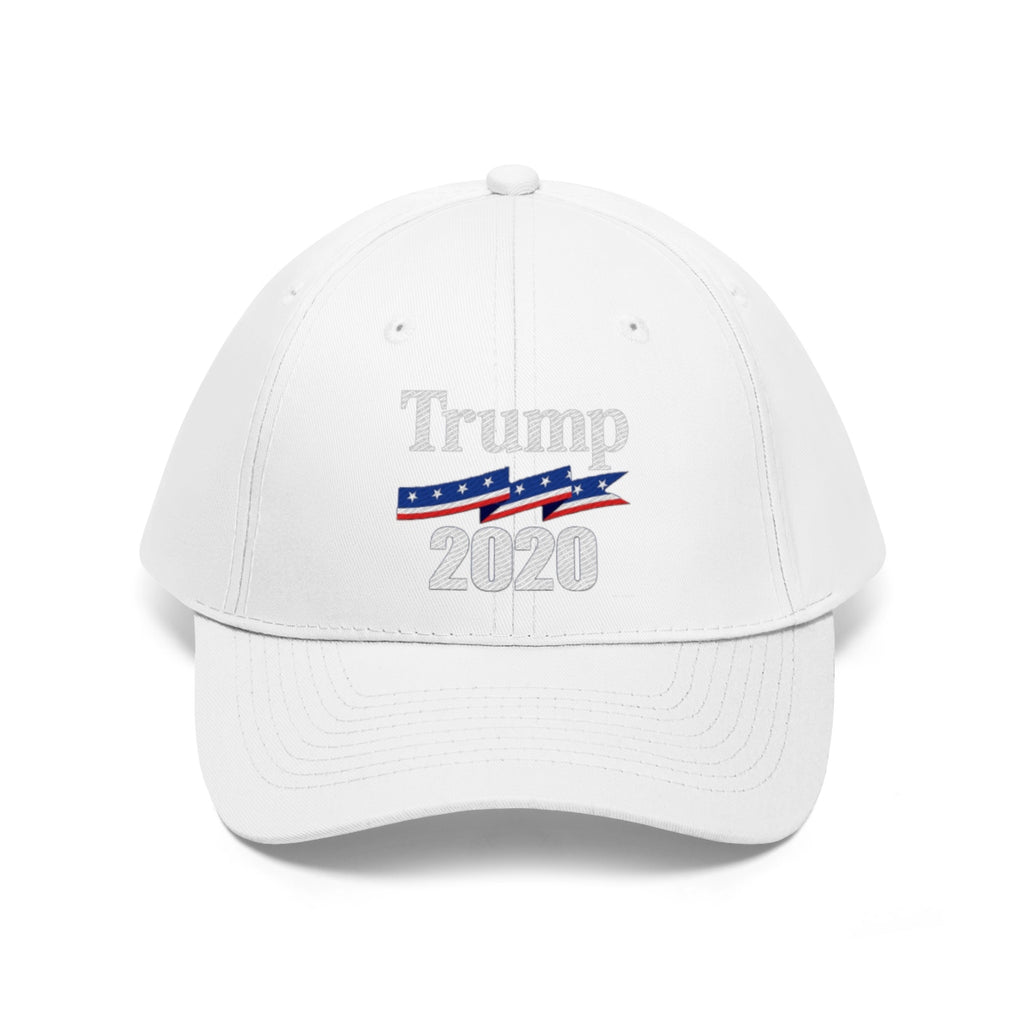 Patriotic 2020 Twill Cap for Trump featuring a white base with red and blue accents.