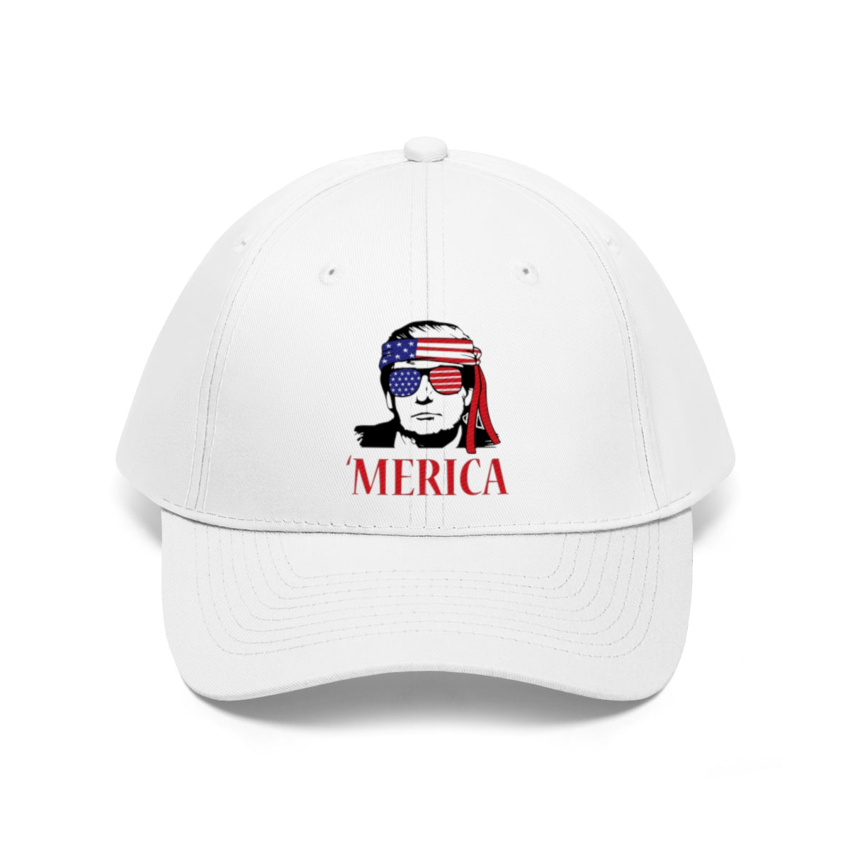 Classic Merica Baseball Cap with Trump Design featuring an illustrated American flag design on a white cap.