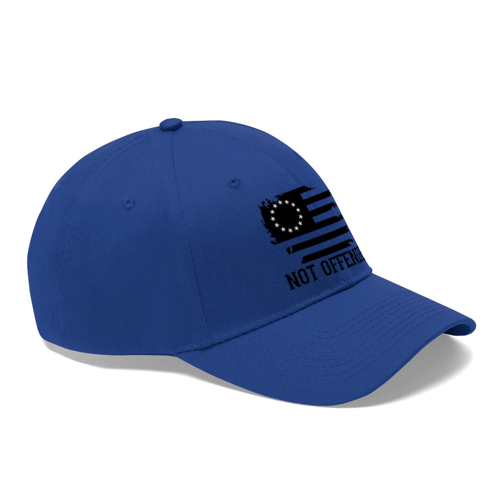 Embroidered Not Offended Casual Twill Hat in blue with flag design and text.