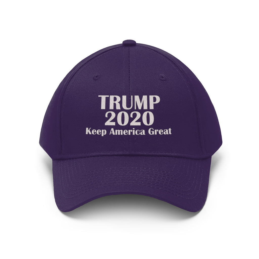 Trump 2020 Keep America Great Campaign Twill Cap in purple with bold white text.