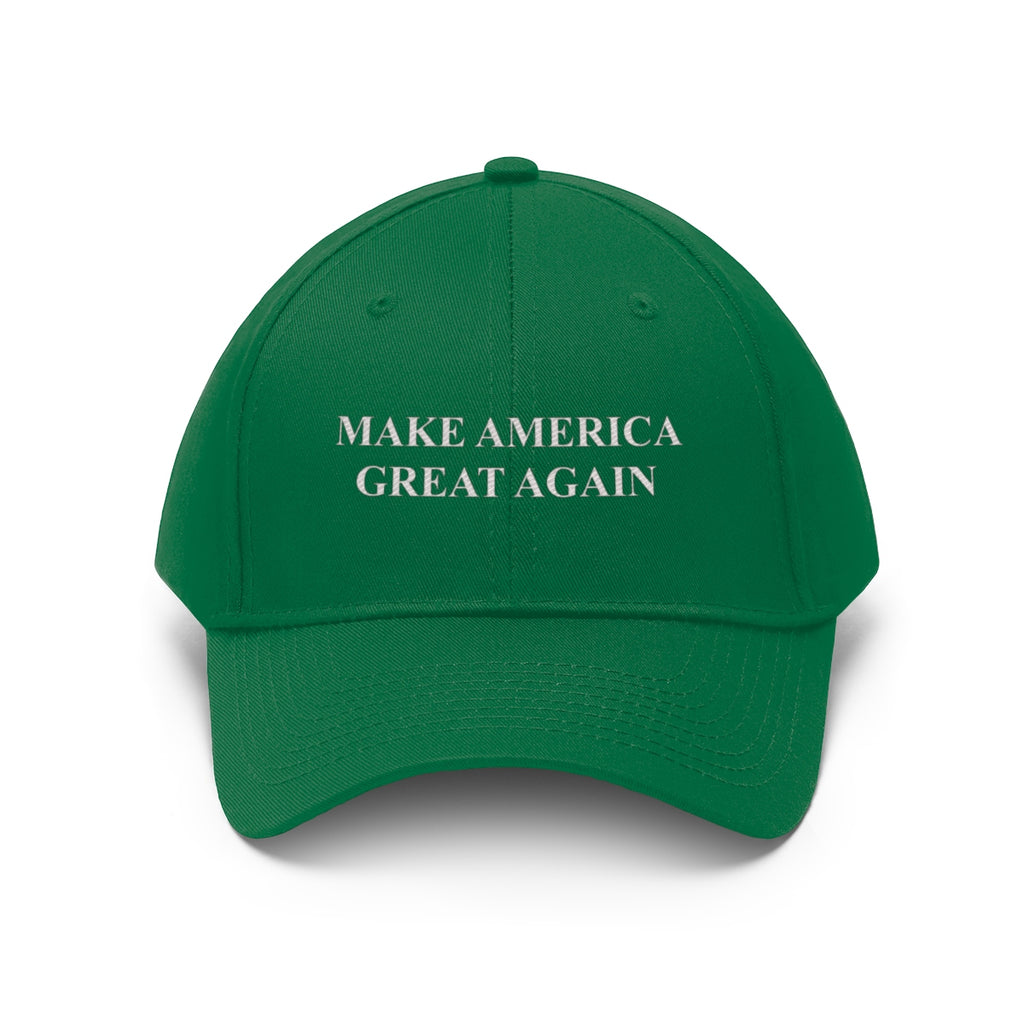 Make America Great Again Twill Cap in green with classic white text.
