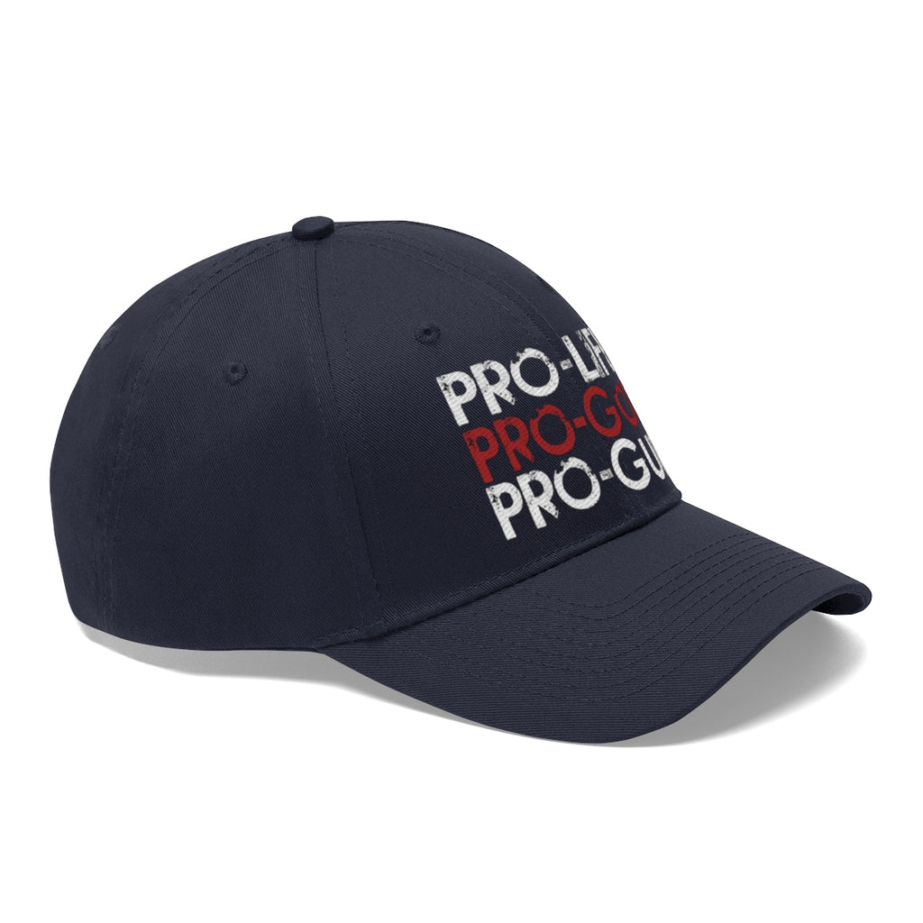 Pro-Life Pro-God Pro-Gun Cotton Twill Cap in navy blue with bold lettering.