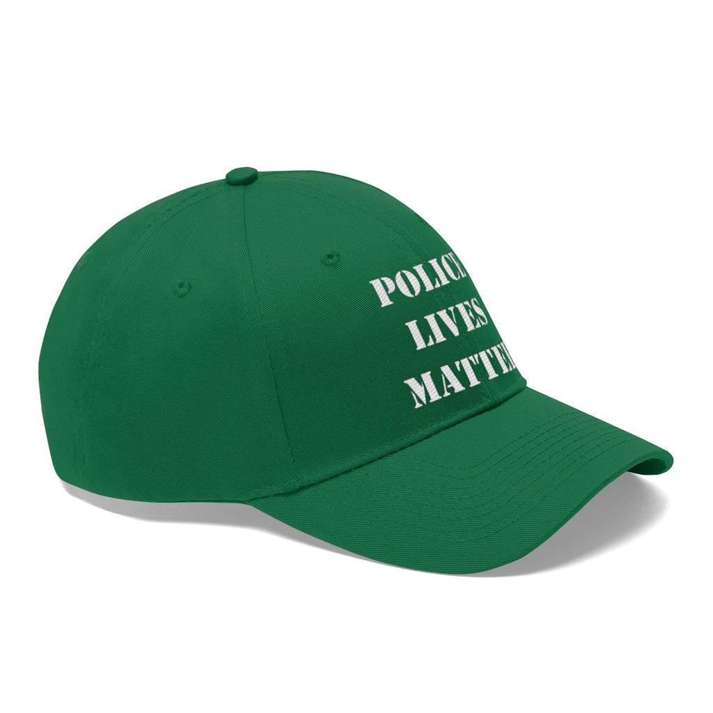 Embroidered Police Lives Matter Twill Cap in green with white text on the front.