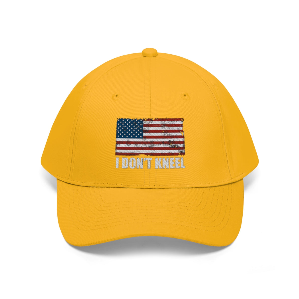 I Don't Kneel American Flag Twill Cap featuring a yellow design with an American flag graphic.