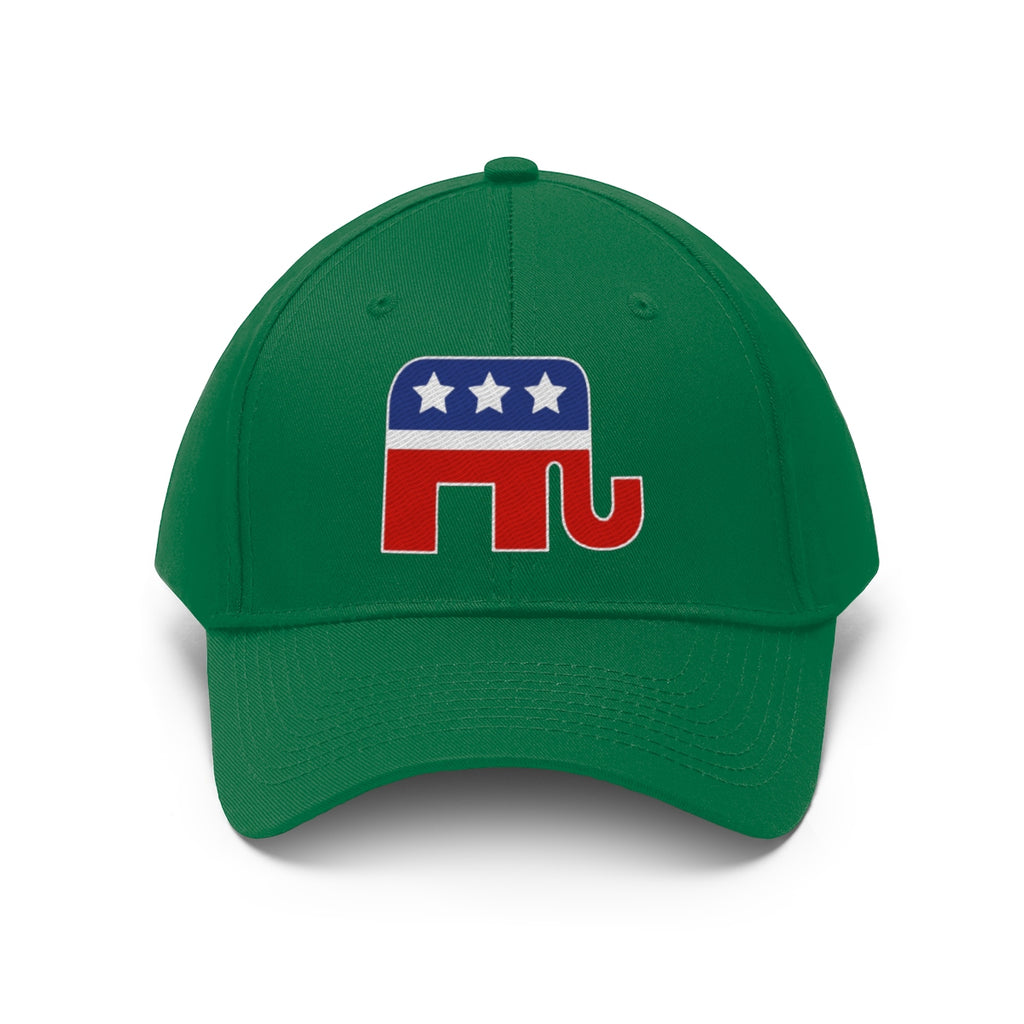 GOP Symbol Twill Cap Patriotic Political Graphic Cap featuring a green base and an elephant logo.