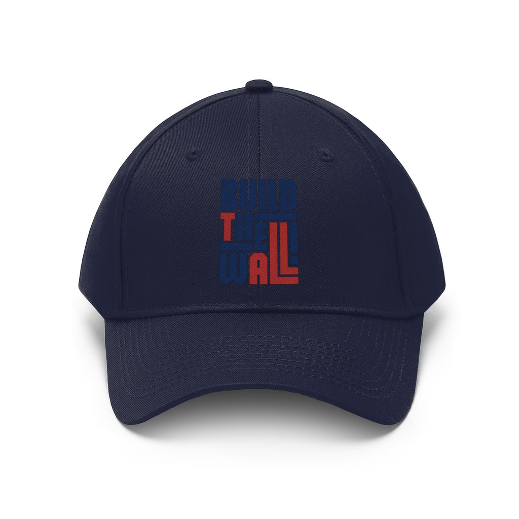 Build The Wall Twill Cap Classic Statement Wear Cap in navy blue with bold lettering.
