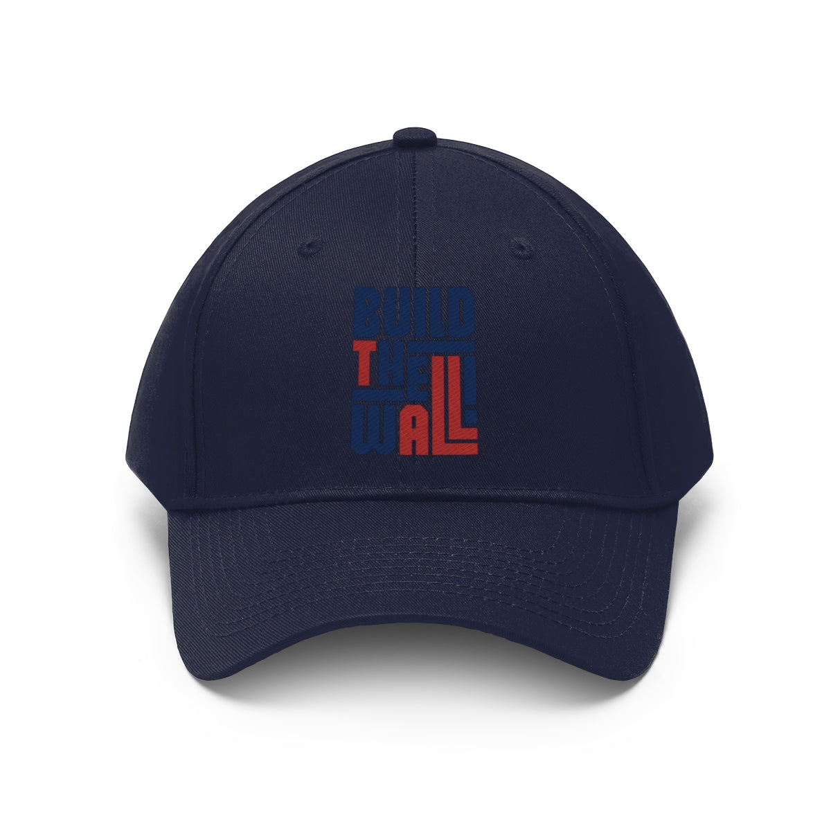 Build The Wall Twill Cap Classic Statement Wear Cap in navy blue with bold lettering.